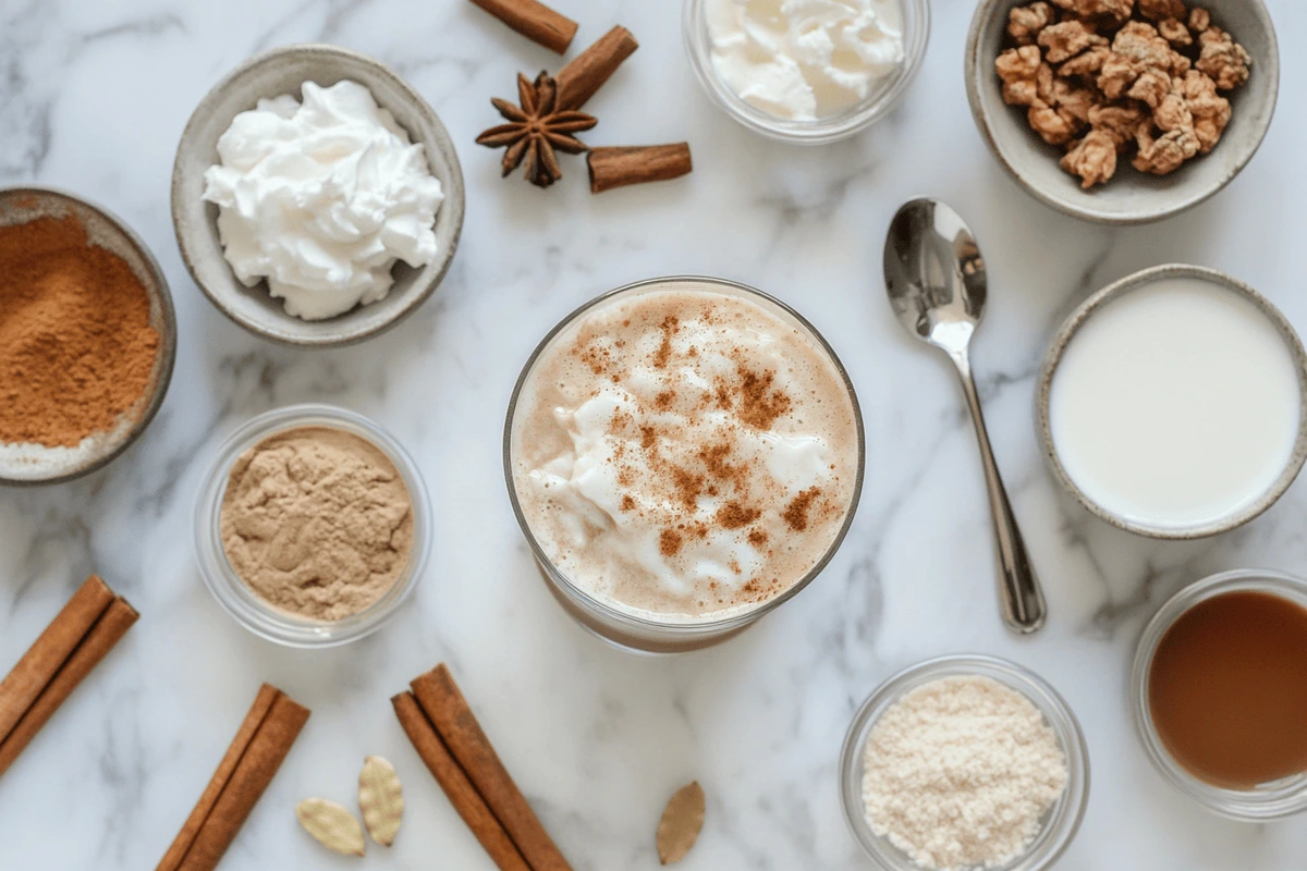 A kitchen counter with ingredients like cinnamon, vanilla syrup, almond milk, and whipped cream for customizing an iced vanilla chai latte.