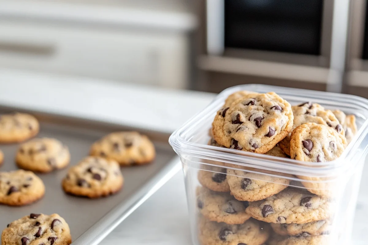 Airtight container with small batch chocolate chip cookies and frozen dough balls beside a freezer.