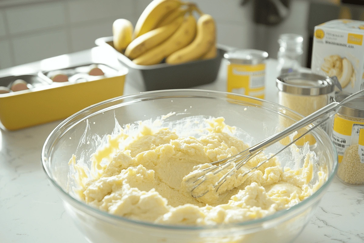 Step-by-step process of mixing bananas, eggs, and cake mix for banana bread, with loaf pans ready on the kitchen counter.