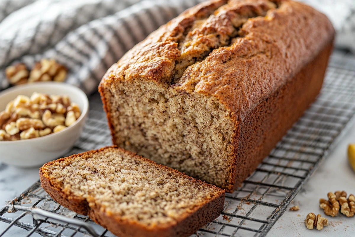 Close-up of freshly baked Betty Crocker Banana Bread on a cooling rack with sliced walnuts and cinnamon beside it