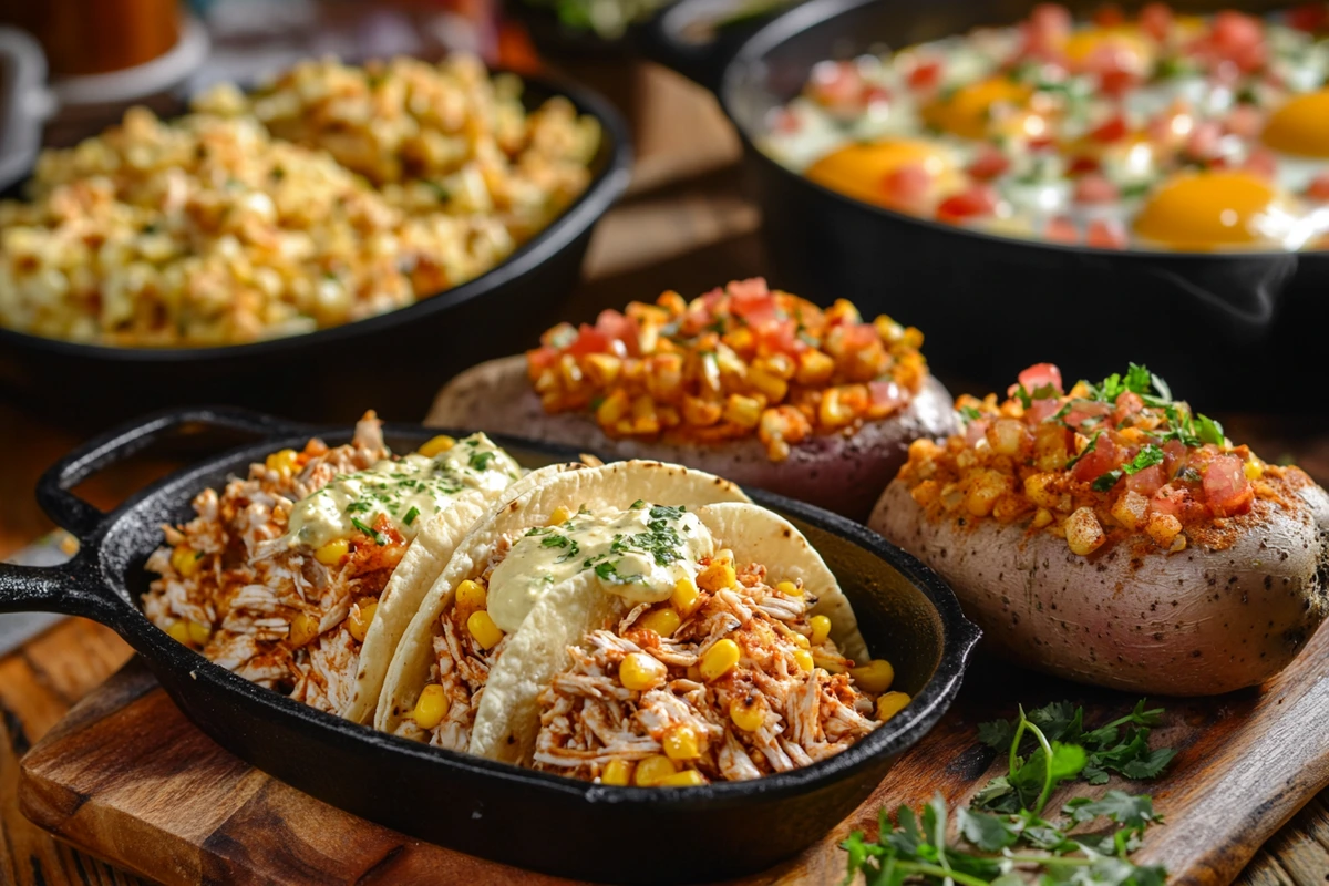 Dishes featuring Costco's Rojo's Street Corn Dip, including tacos, baked potatoes, and scrambled eggs.