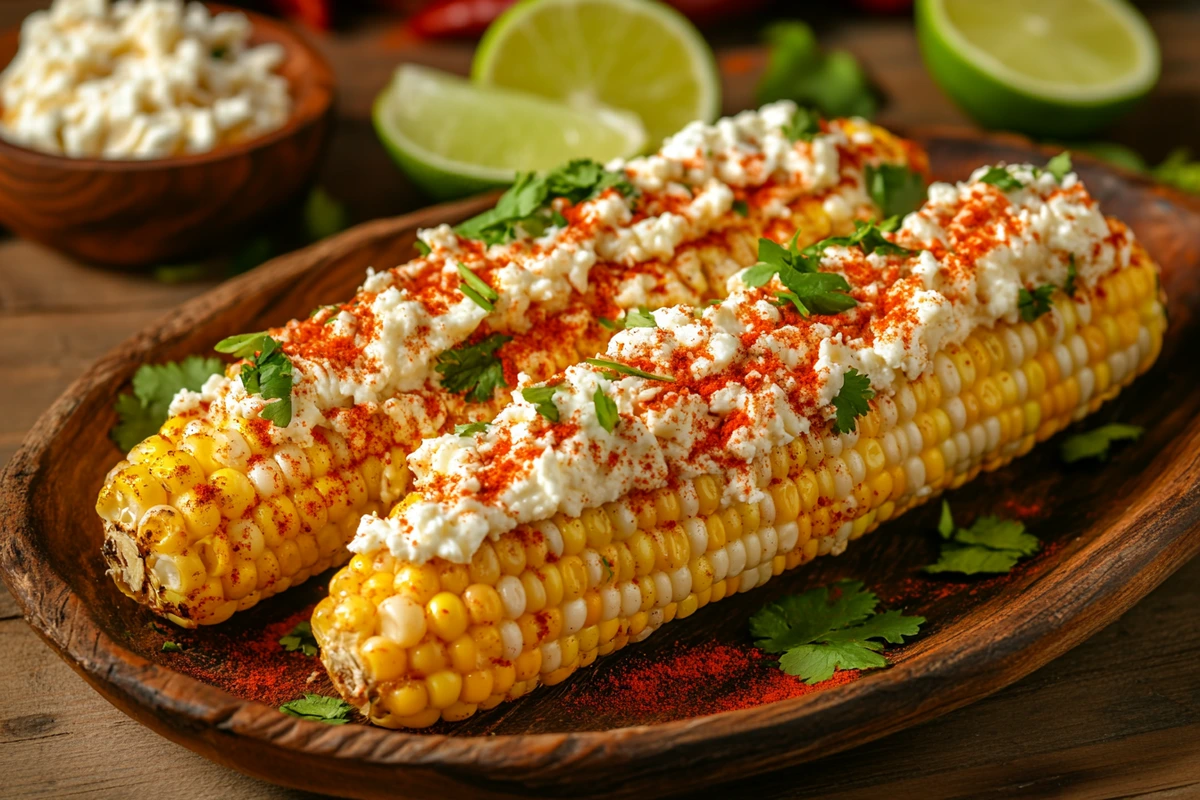 Mexican street corn topped with Queso Fresco, chili powder, and cilantro