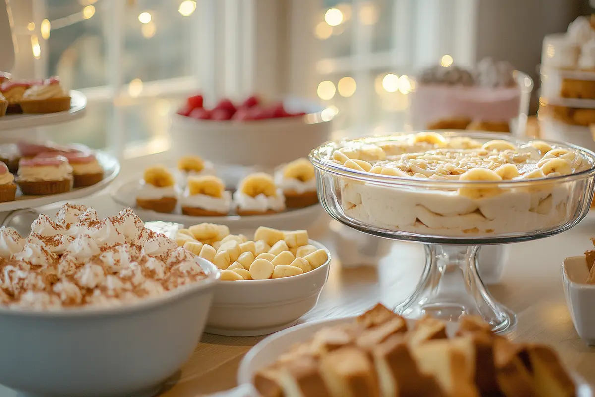 A kitchen counter with banana pudding, cake slices, and other prepared desserts for a gathering.