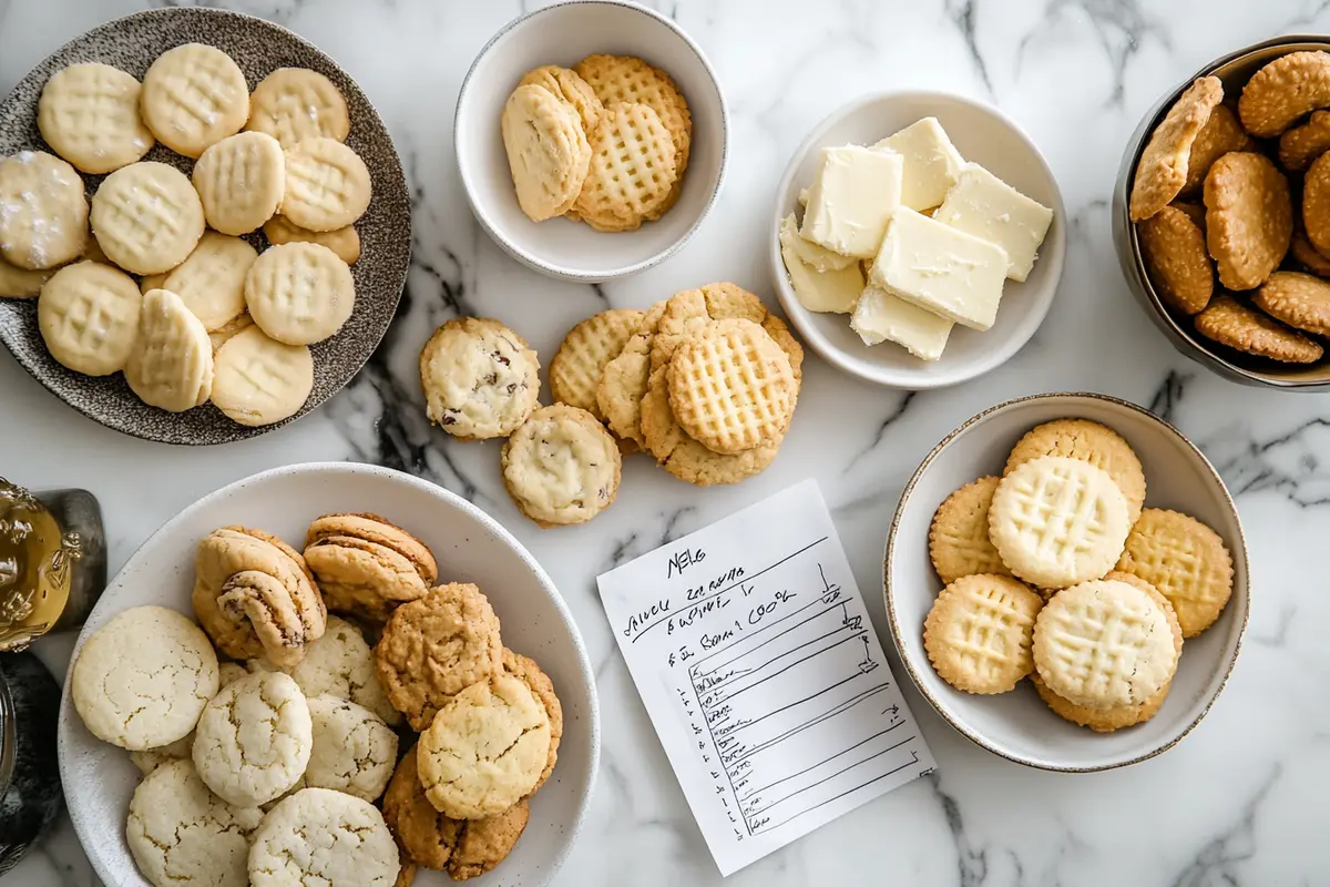 Different types of cookies, including Chessman, Nilla wafers, shortbread, and butter cookies, with a checklist of pros and cons.