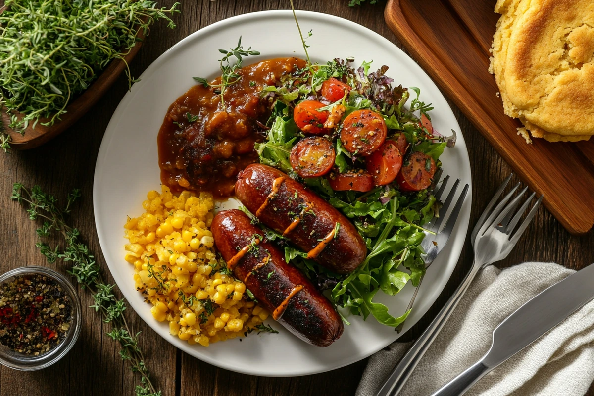 Beanie weenies served with cornbread and a salad on a dinner table