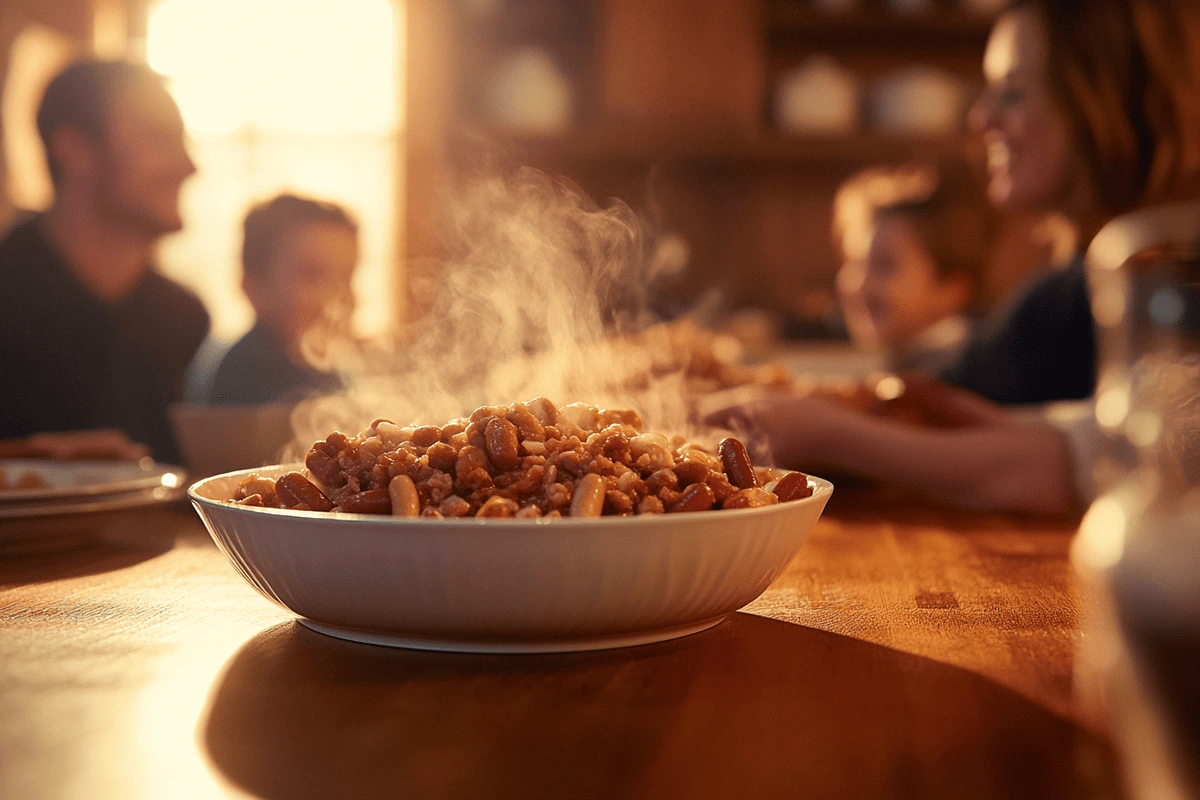 Family enjoying a steaming bowl of beanies and weenies at a cozy dinner table.