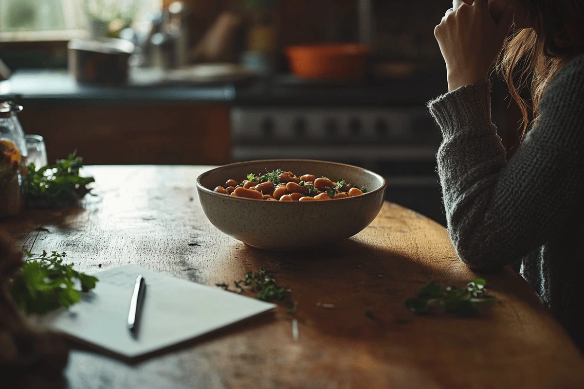 Person contemplating a bowl of beanie weenies at a kitchen table.