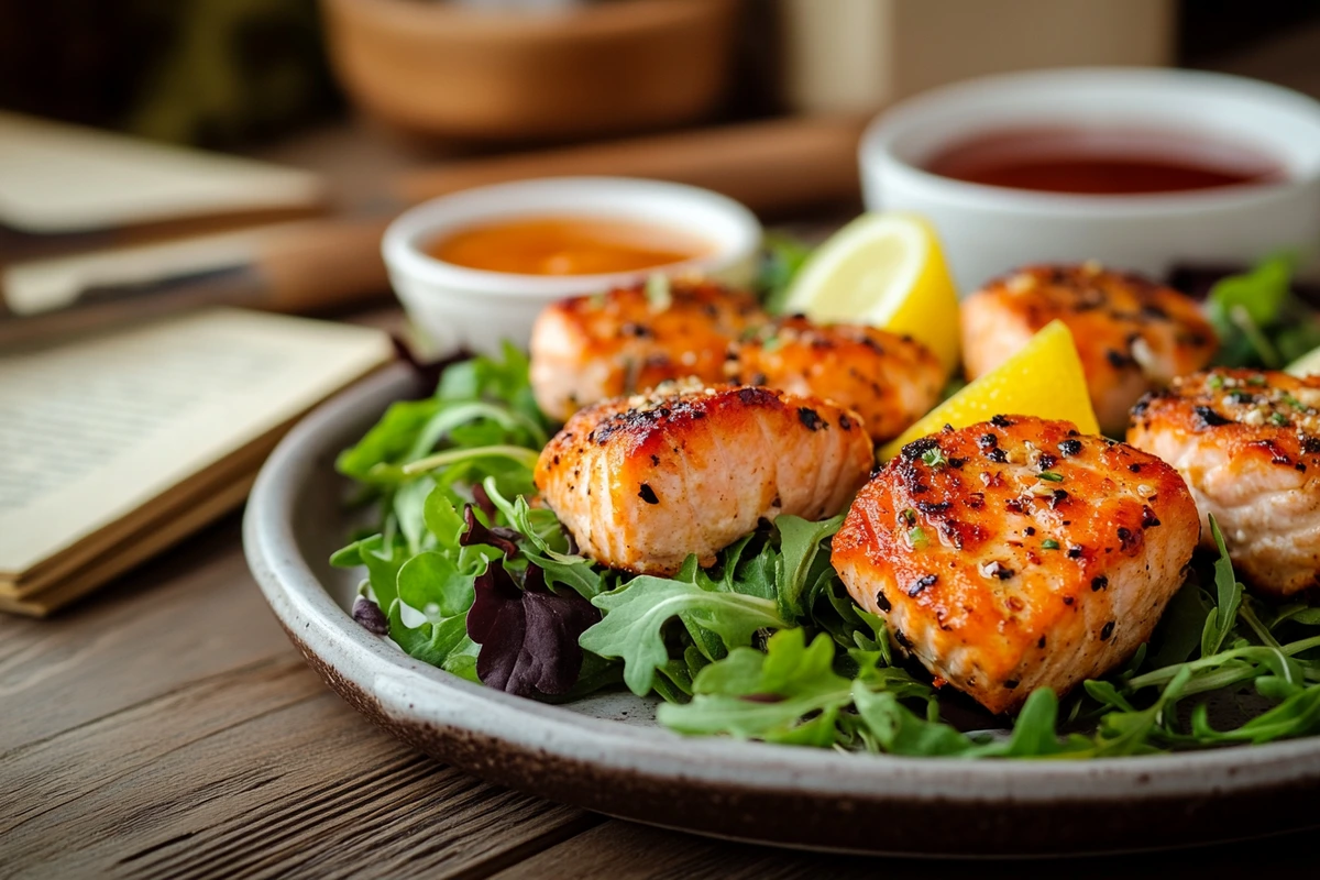 Elegantly plated salmon bites with fresh greens and dipping sauce.