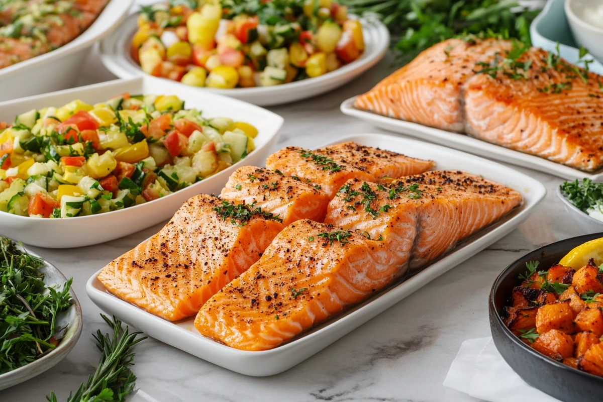 Variety of raw and cooked salmon dishes emphasizing safe consumption.