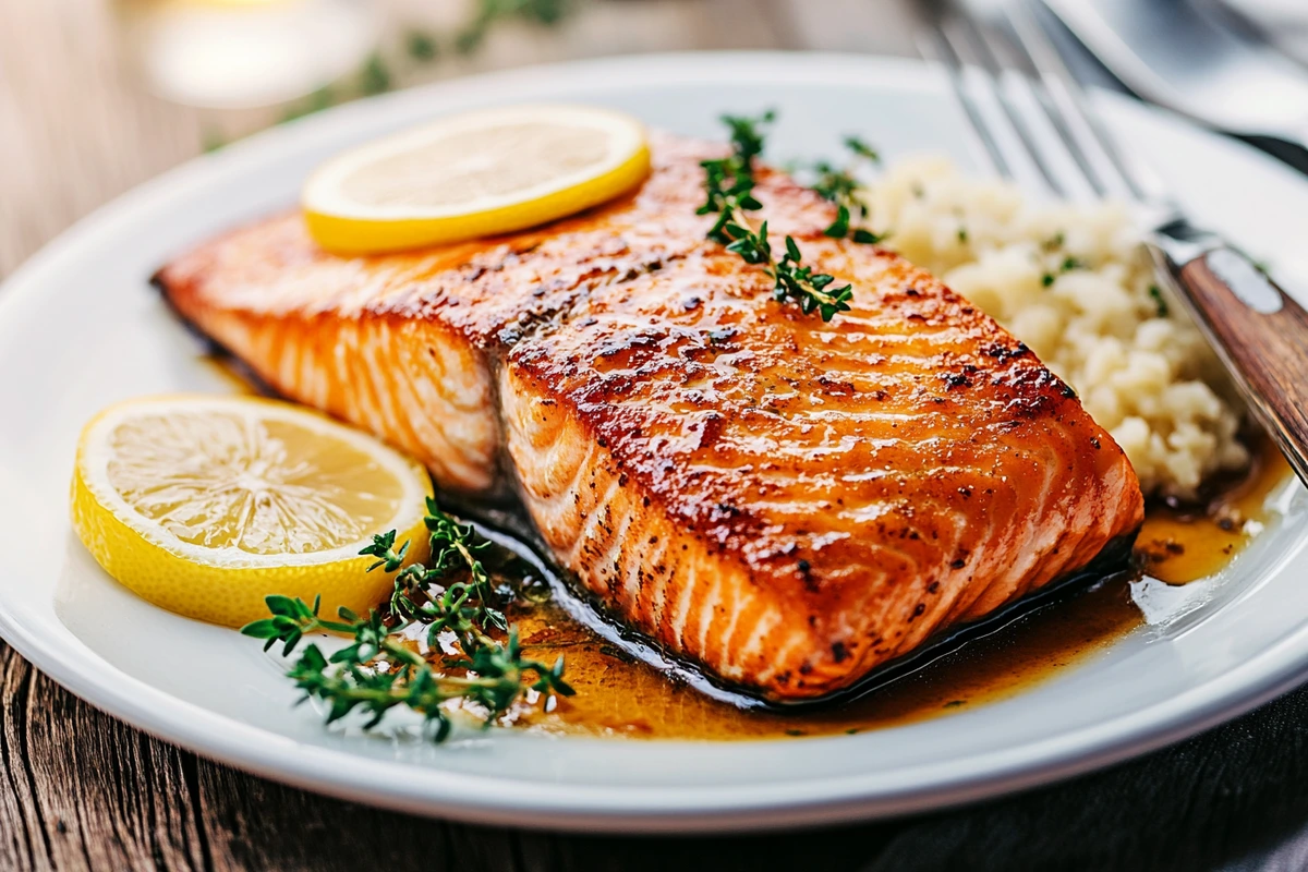 Cooked salmon fillet served on a white plate with lemon slices and herbs.