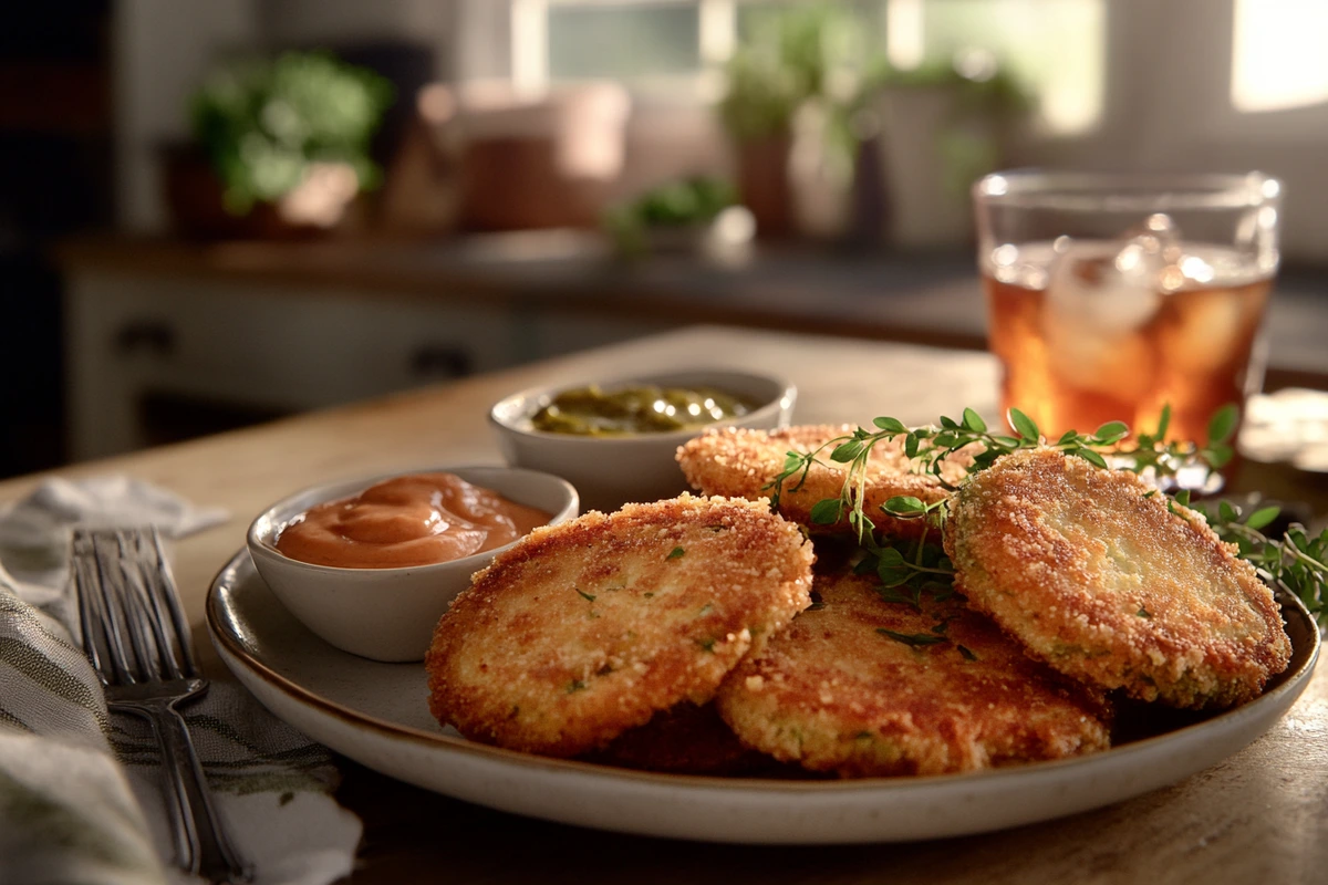 Fried green tomatoes served with dipping sauces in a cozy kitchen.