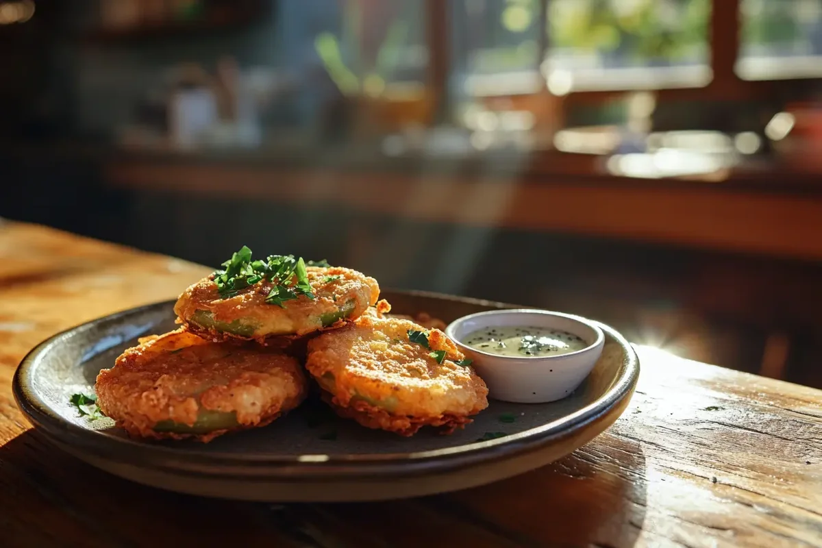 Golden fried green tomatoes with dipping sauce on a rustic table.