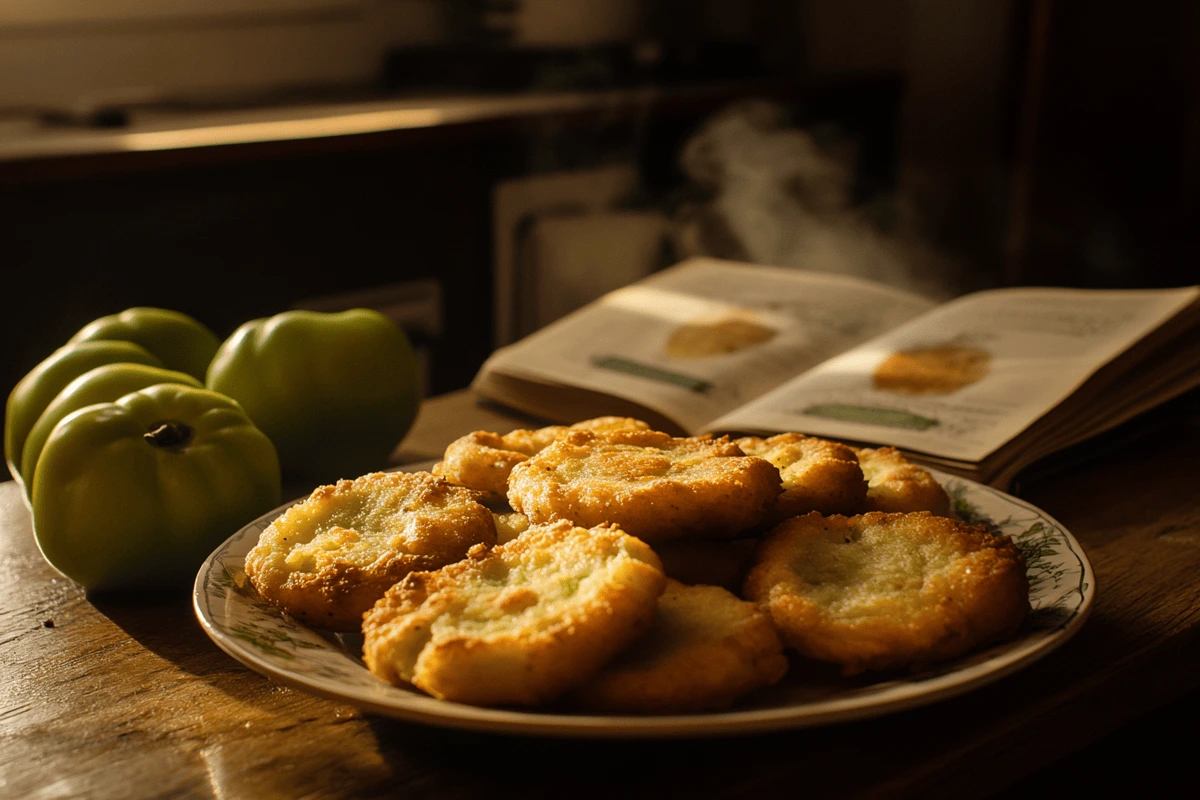 A plate of freshly made fried green tomatoes in a cozy kitchen setting