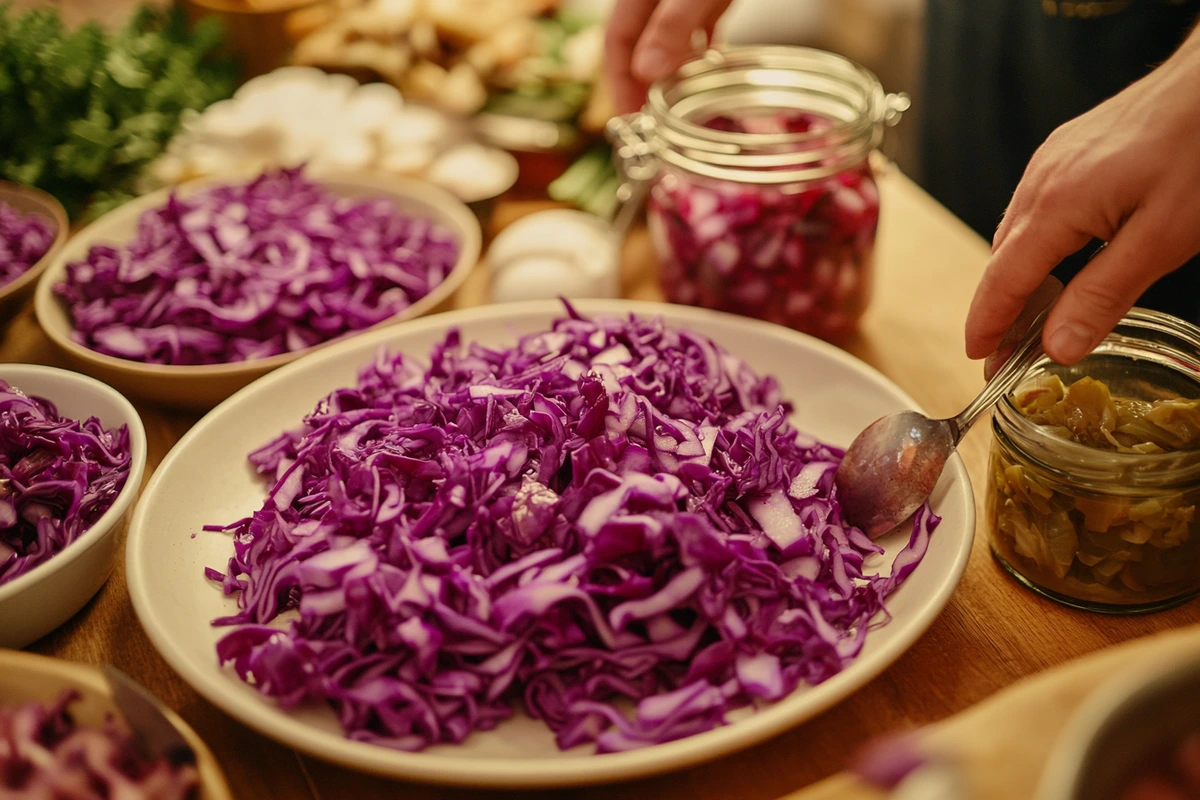 A variety of red cabbage dishes in a cozy kitchen setting.