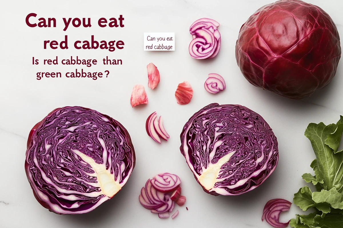 Fresh red cabbage with informational cards answering common questions about its use and benefits.