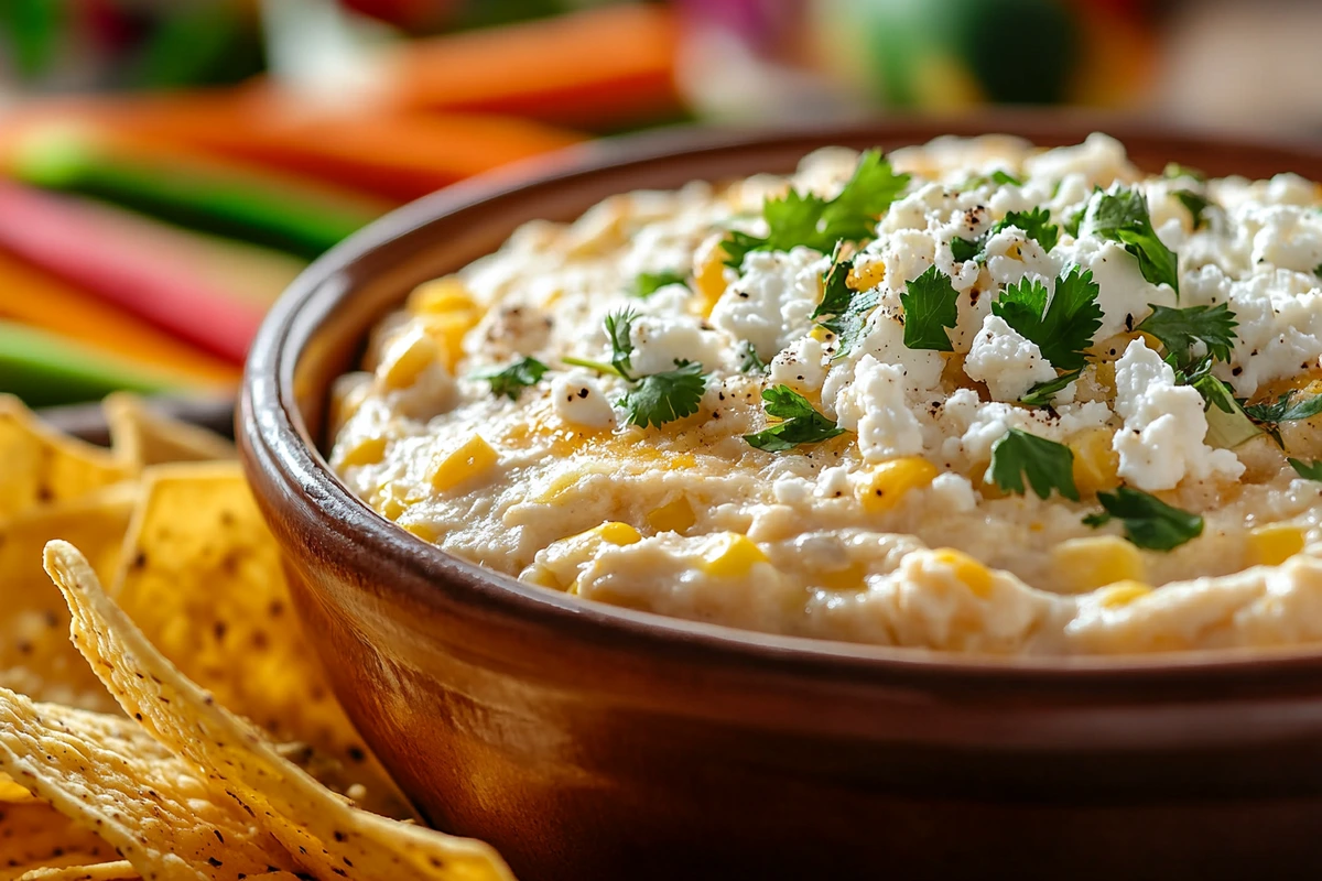 Close-up of Mexican Street Corn Dip with tortilla chips and vegetable sticks.