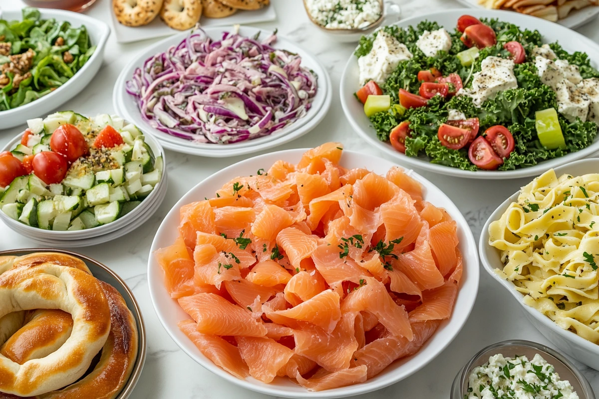 Smoked salmon dishes on a table including bagels, salad, and pasta.