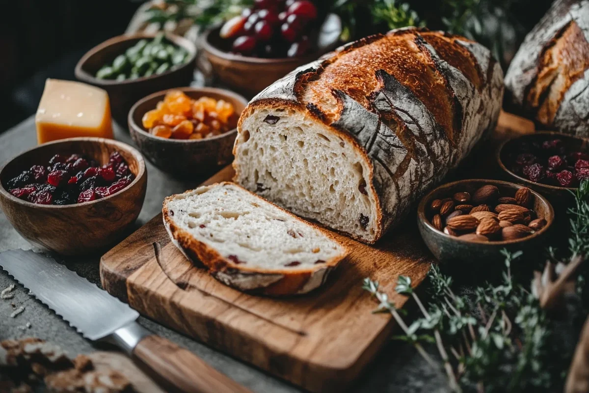 Sliced sourdough loaf on a wooden cutting board, surrounded by bowls of dried fruits, nuts, herbs, and cheese, in a cozy kitchen setting.