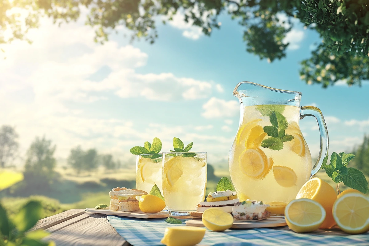 A picnic table with a pitcher of Owen’s Classic Lemonade, glasses, and summer snacks under a sunny sky.