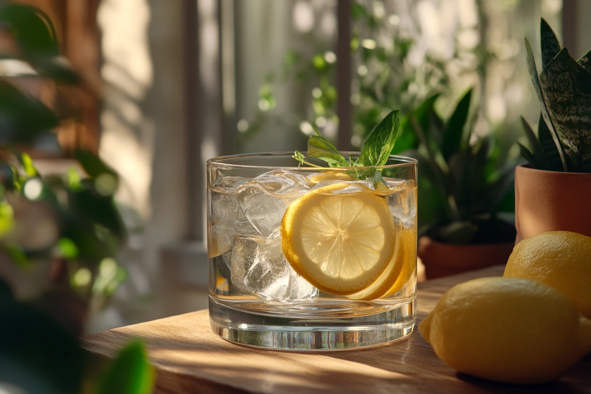 A glass of NÜTRL Classic Lemonade with ice and lemon slices on an outdoor patio.