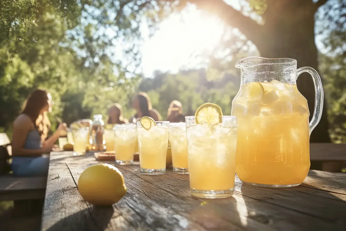 People enjoying Dole Classic Lemonade outdoors with a picnic table setup.