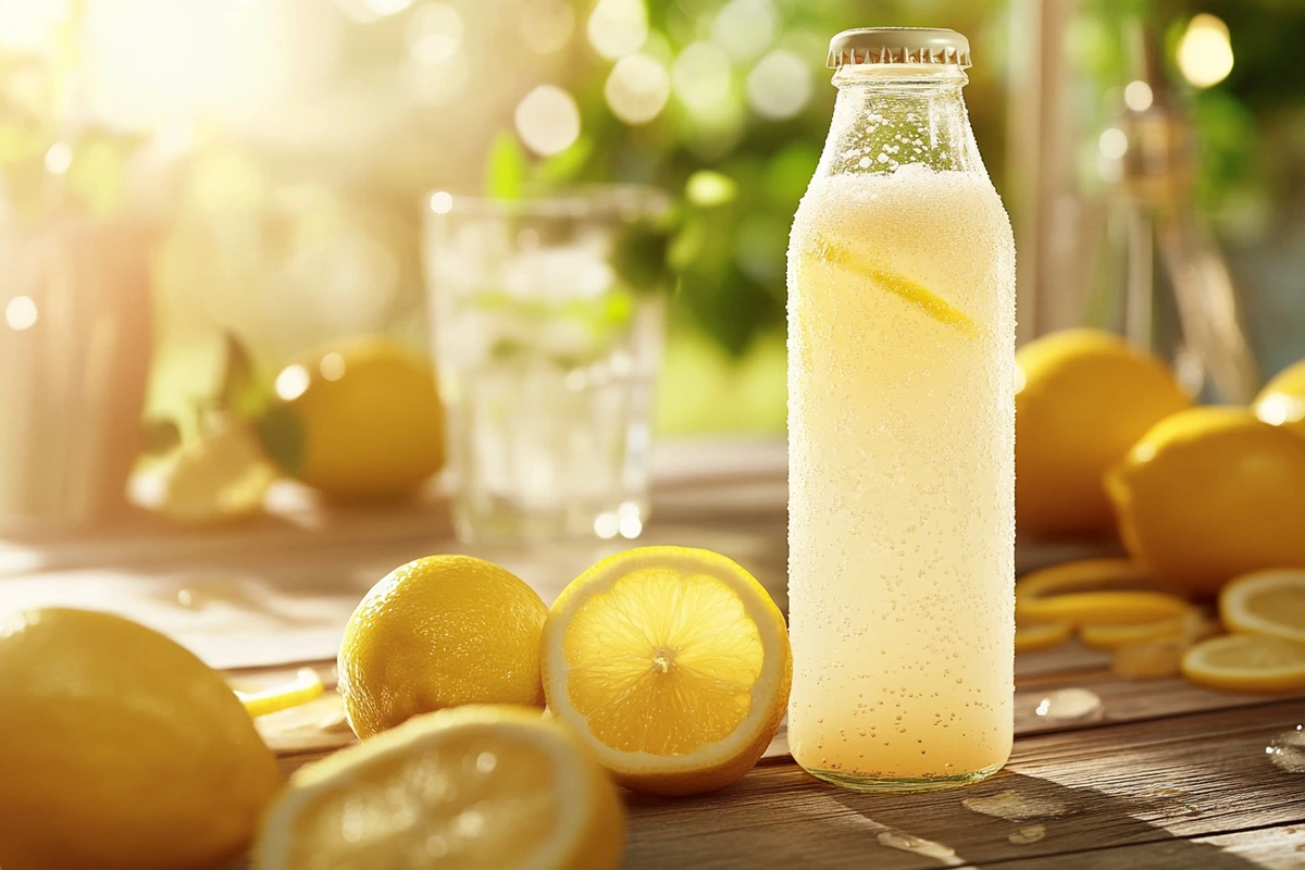 A classic bottle of Frostie Classic Lemonade with a glass of fizzy lemonade, garnished with lemon slices, set on a wooden table in a sunny outdoor setting.