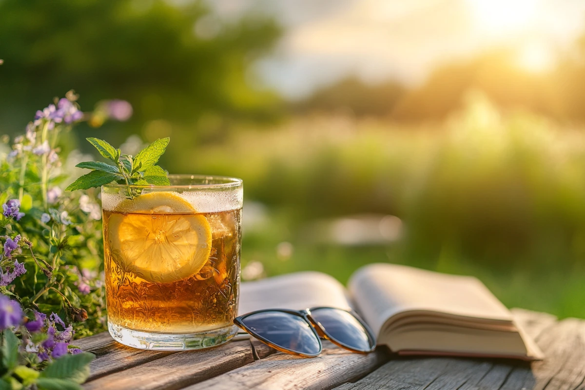 A glass of iced tea with lemon and mint on an outdoor table at sunset, surrounded by greenery.