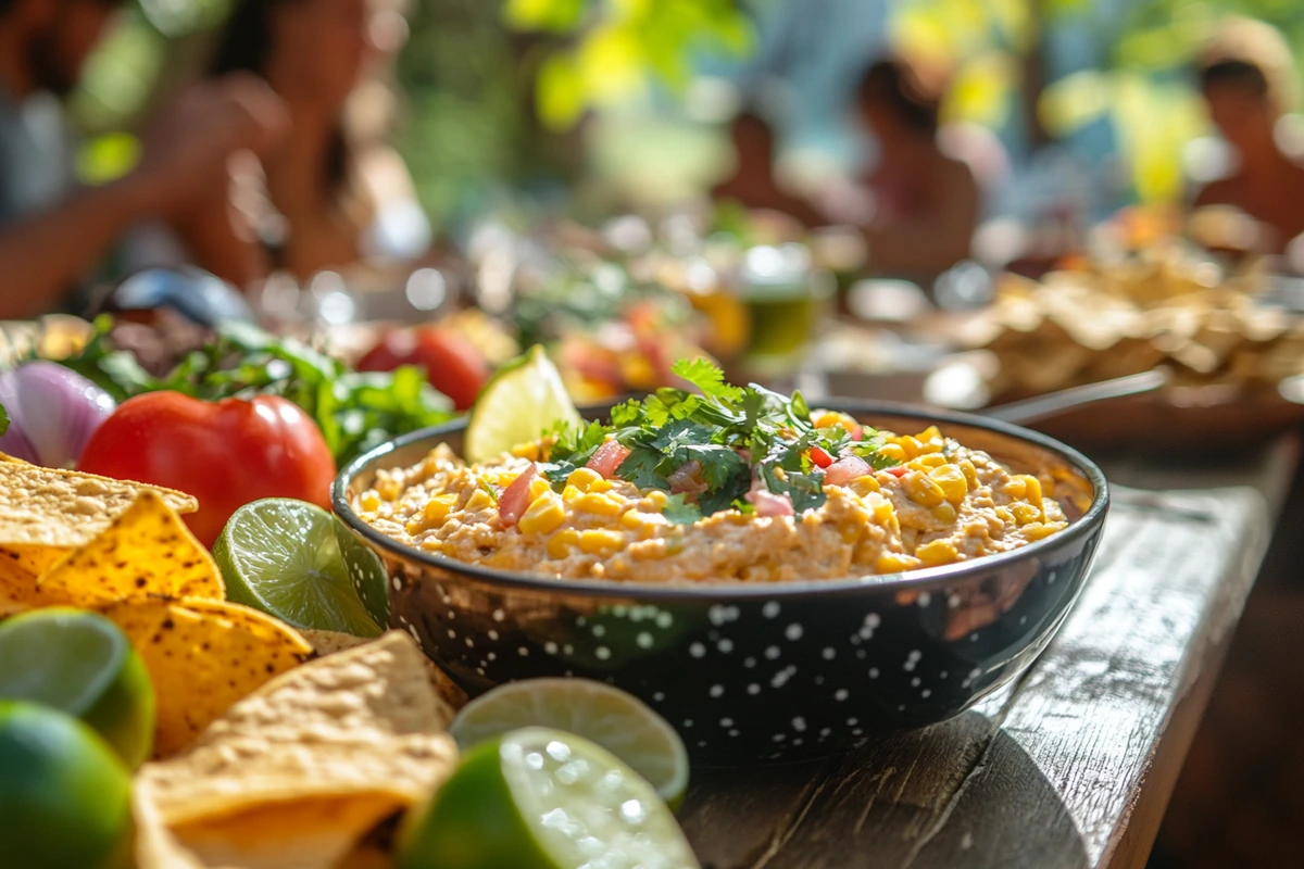 Mexican corn dip served at a festive gathering with tortilla chips