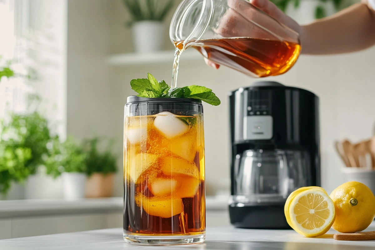 Person pouring freshly brewed iced tea from an electric iced tea maker into a glass.