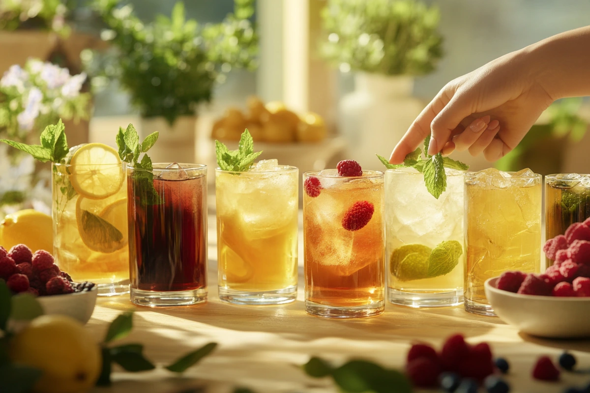 An assortment of iced teas with fresh ingredients like lemons and berries, symbolizing the enjoyment of different tea varieties.