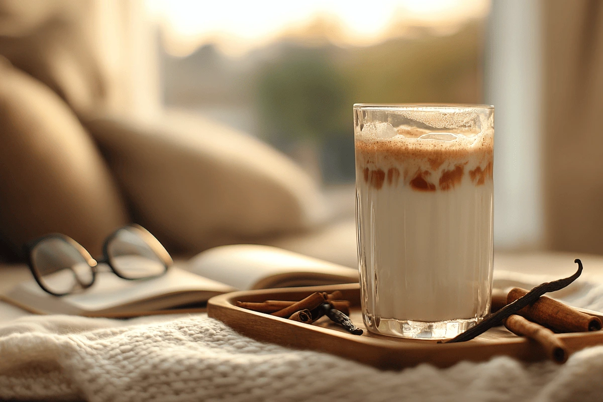 A half-finished iced vanilla chai latte on a tray with cinnamon sticks and vanilla beans in a cozy living room setting.