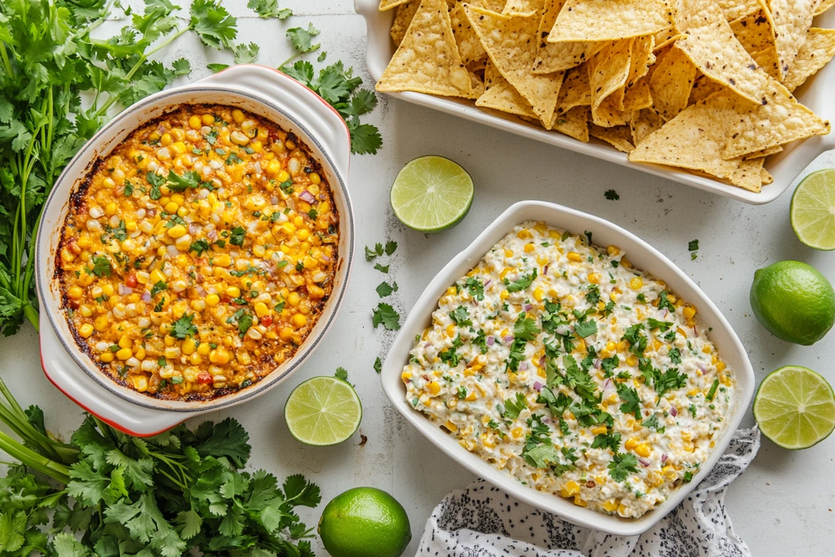 Hot and cold street corn dip with garnishes on a festive table