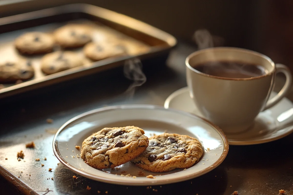 A few remaining small batch chocolate chip cookies on a plate with a cup of coffee and cozy lighting.