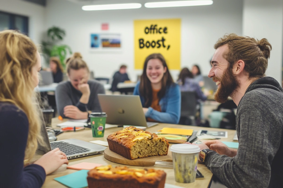 Employees enjoying banana bread together in an open office, boosting morale and creating a positive work environment.