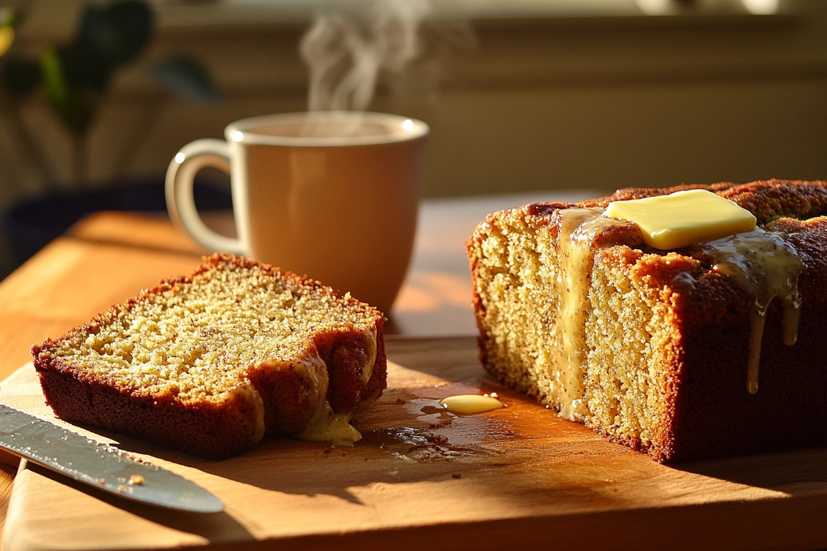 Sliced banana bread with melted butter on a wooden board next to a coffee mug.