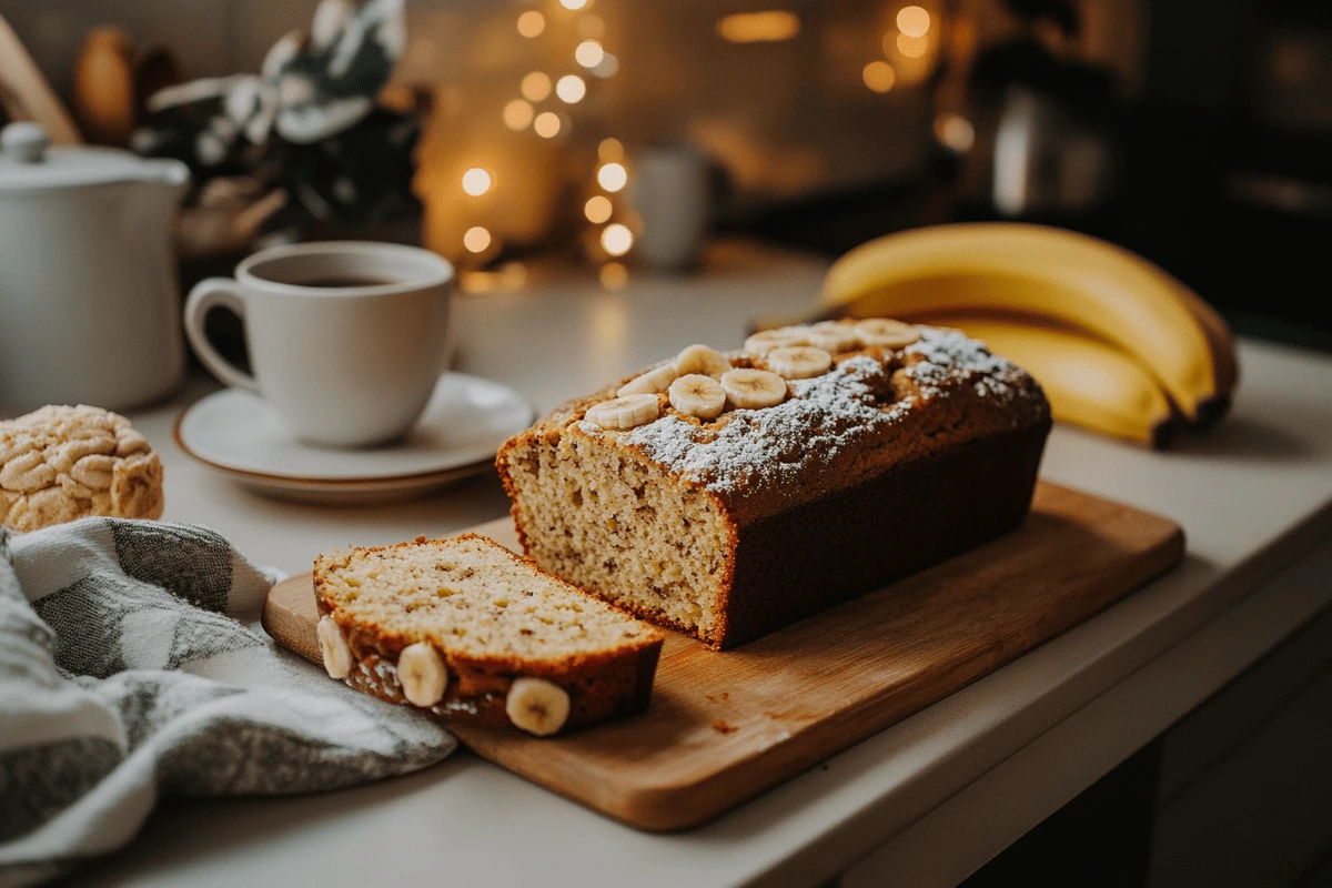 A sliced loaf of cake mix banana bread on a wooden board with bananas and a cup of coffee in a cozy kitchen setting.