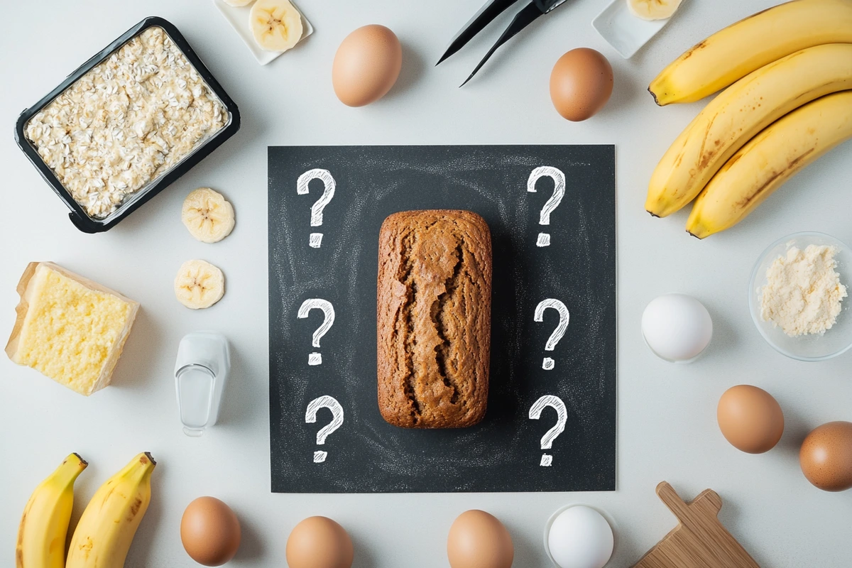 Visual representation of FAQs about 3 ingredient banana bread, featuring icons of banana bread, cake mix, eggs, and bananas on a kitchen counter.