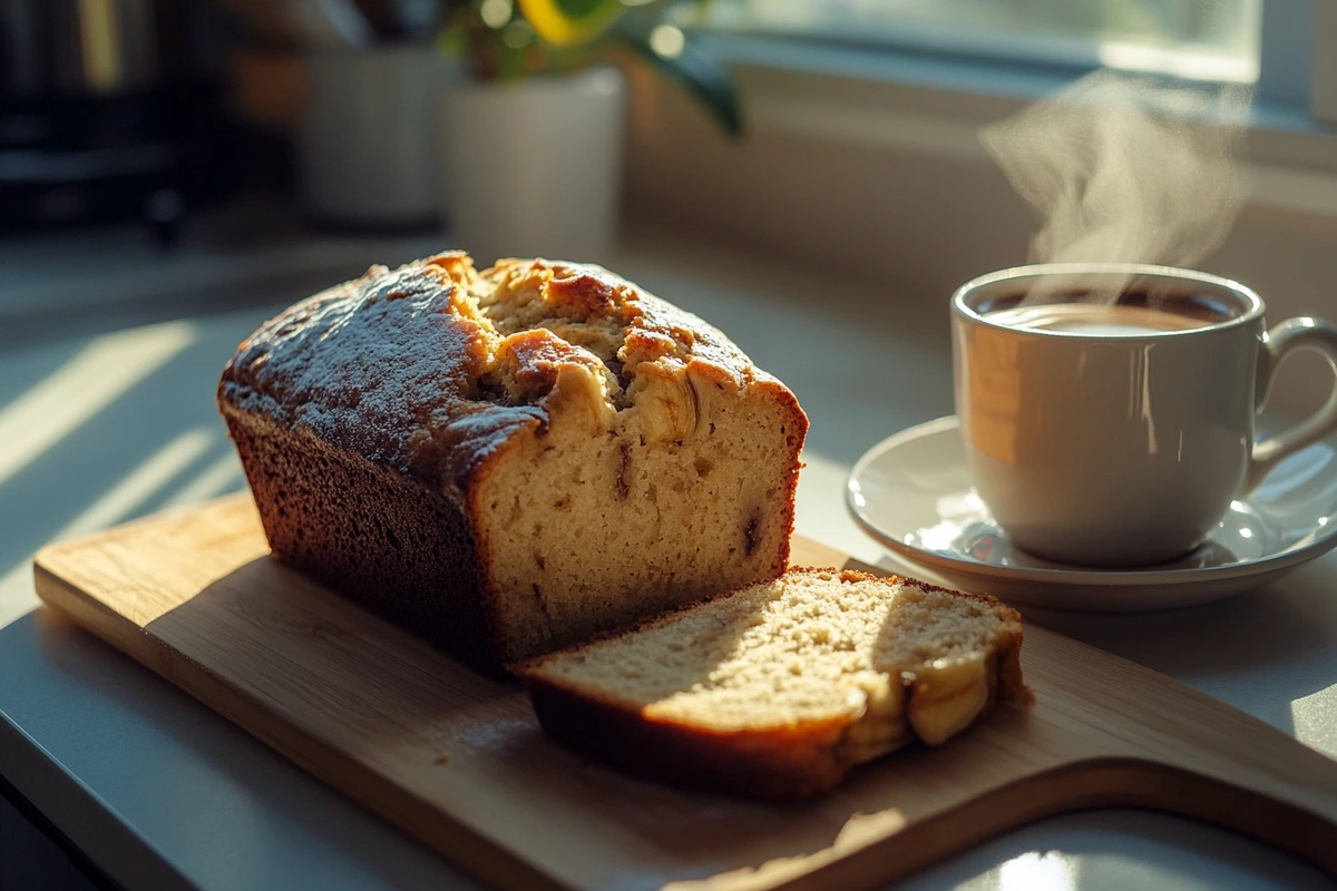 Warm loaf of Betty Crocker Banana Bread sliced on a wooden board beside a steaming cup of coffee