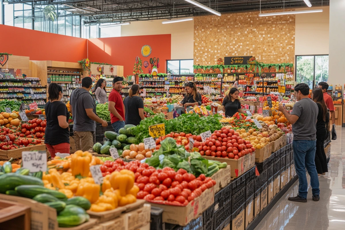 People shopping in a Mexican marketplace with traditional stalls and a modern supermarket